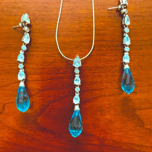 Sterling Silver jewelry set Necklace & long Dangle Earring blue gem stone zircon - Picture 2 of 9